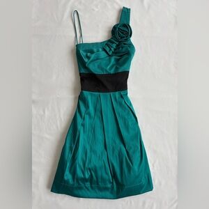 (Y2K) Teeze Me teal formal asymmetrical one shoulder dress with rosette (size 5)